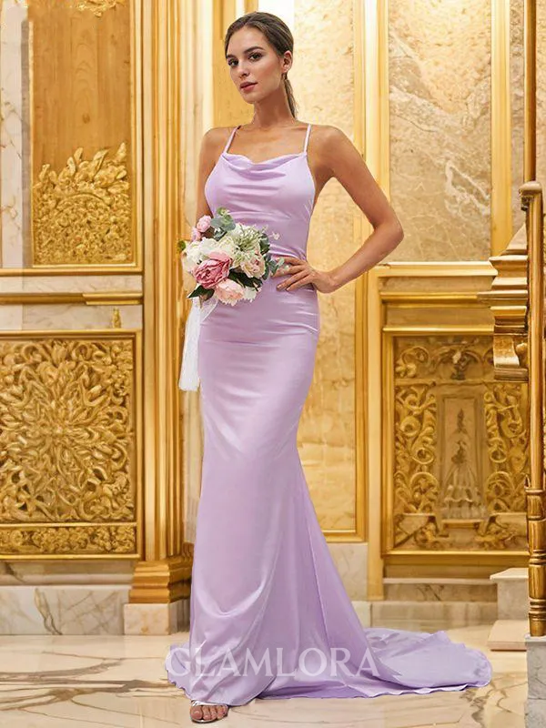 Sheath/Column Square Sleeveless Sweep Train Teasing Silk like Satin Bridesmaid Dresses