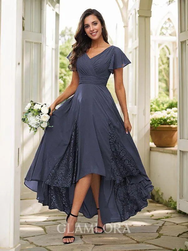 A-line V-Neck Noble Short Sleeves Asymmetrical Chiffon Bridesmaid Dresses