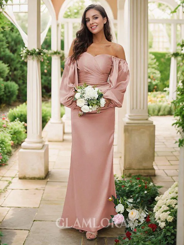 Sheath/Column Off-the-Shoulder Empowering Long Sleeves Floor-Length Silk like Satin Bridesmaid Dresses