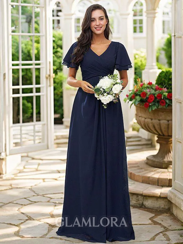 A-line V-Neck Charming Short Sleeves Floor-Length Chiffon Bridesmaid Dresses