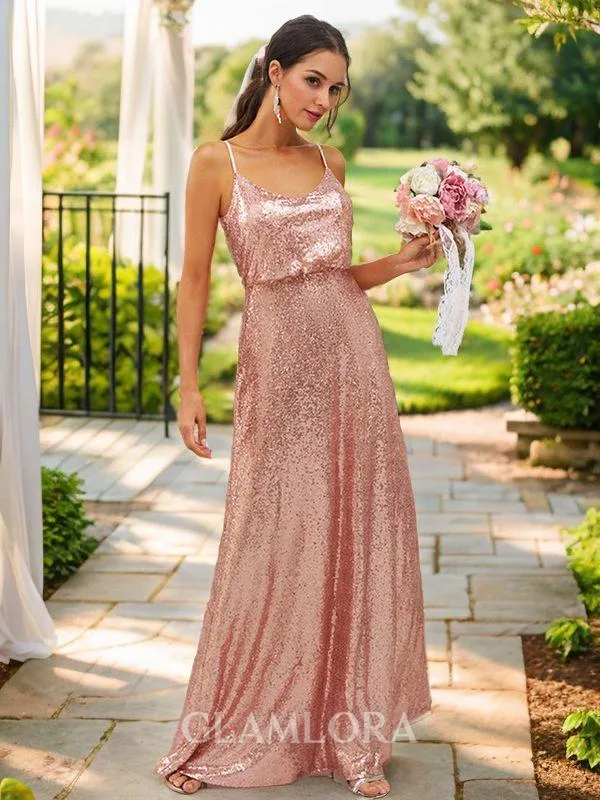 A-line Sparkly Straps Sleeveless Floor-Length Sequins Bridesmaid Dresses