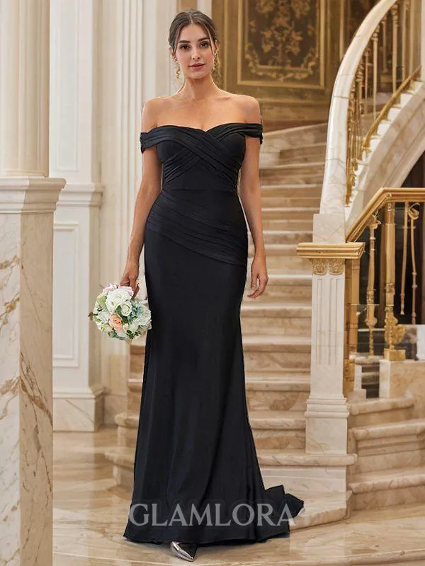 Sheath/Column Timeless Off-the-Shoulder Sleeveless Sweep Train Jersey Bridesmaid Dresses