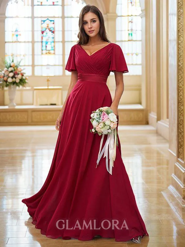 Charming A-line V-Neck Short Sleeves Sweep Train Chiffon Bridesmaid Dresses