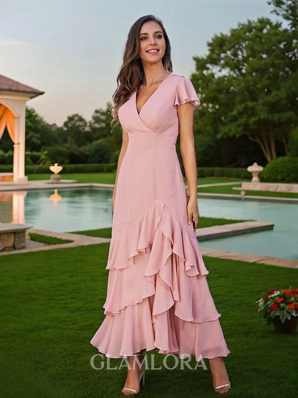 A-line V-Neck Delicate Short Sleeves Ankle-Length Chiffon Bridesmaid Dresses