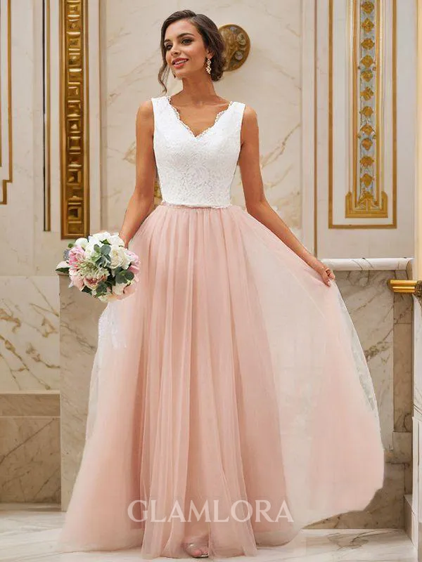 A-line V-Neck Sleeveless Floor-Length Tulle Glimmering Bridesmaid Dresses