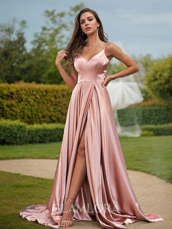 A-line V-Neck Timeless Sleeveless Sweep Train Silk like Satin Bridesmaid Dresses