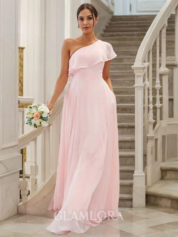 Unique A-line One-Shoulder Sleeveless Floor-Length Chiffon Bridesmaid Dresses