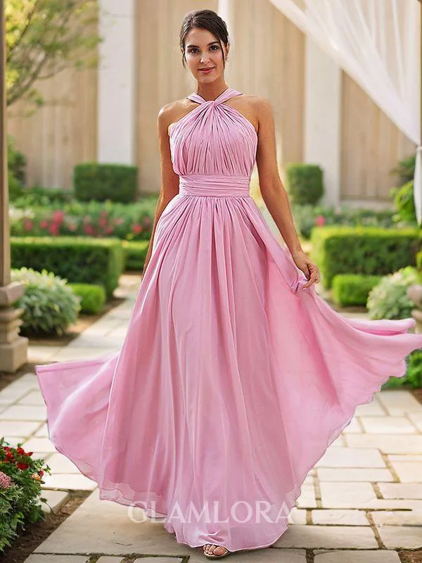 A-line Halter Classic Sleeveless Floor-Length Chiffon Bridesmaid Dresses