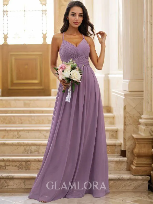 A-line V-Neck Sleeveless Floor-Length Flowing Chiffon Bridesmaid Dresses