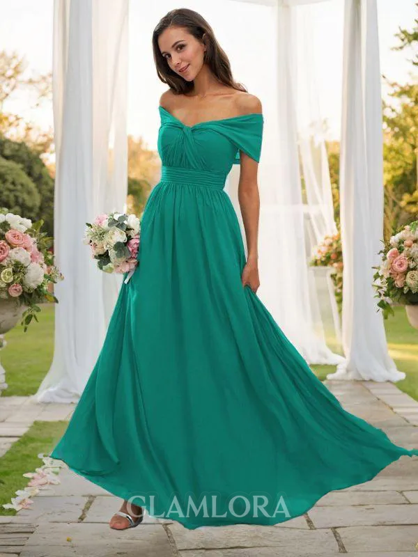 A-line Off-the-Shoulder Sleeveless Floor-Length Subtle Chiffon Bridesmaid Dresses