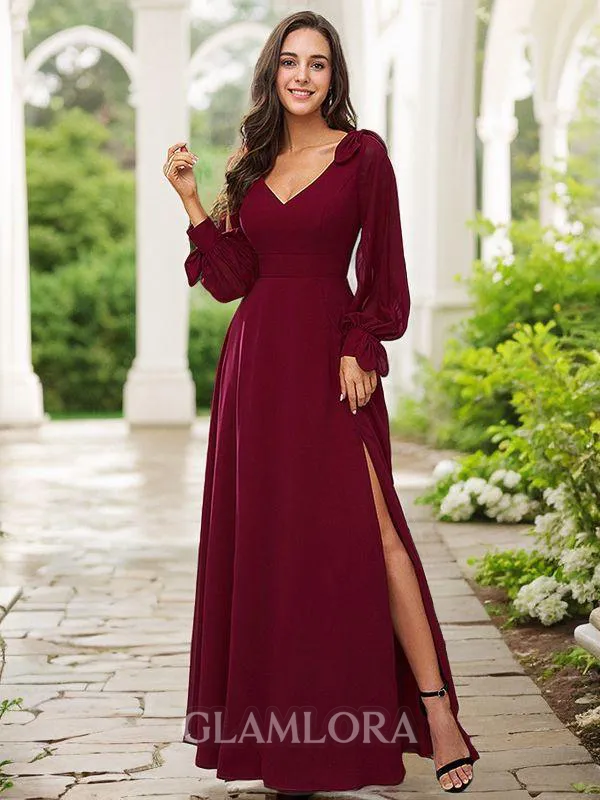 A-line V-Neck Pretty Long Sleeves Floor-Length Chiffon Bridesmaid Dresses