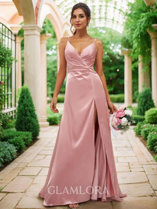 A-line V-Neck Sleeveless Floor-Length Silk like Satin Modest Bridesmaid Dresses
