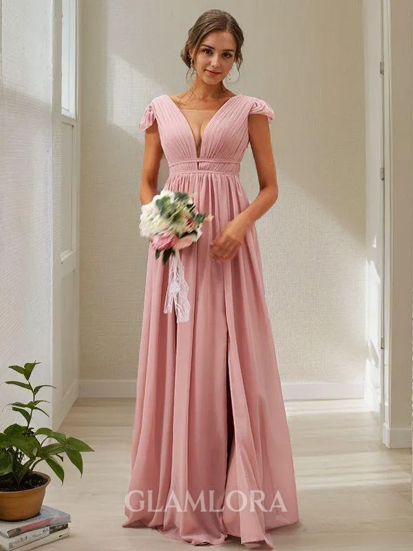 A-line V-Neck Sleeveless Sweep Train Scintillating Chiffon Bridesmaid Dresses