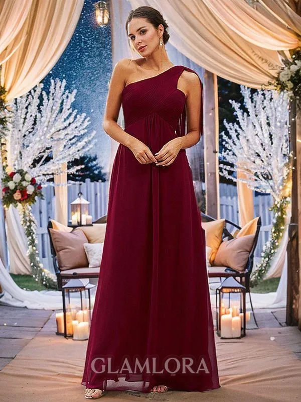 A-line One-Shoulder Modest Sleeveless Floor-Length Chiffon Bridesmaid Dresses