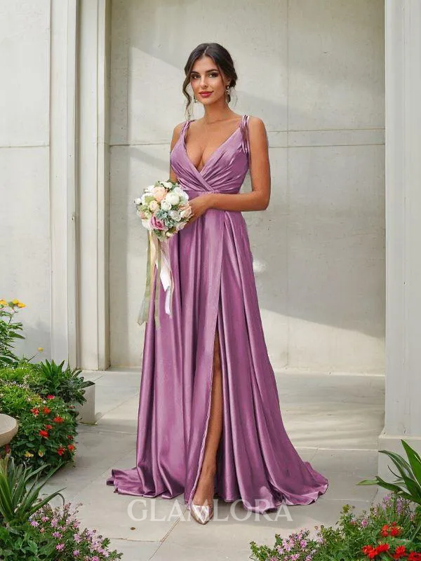 Dazzling A-line V-Neck Sleeveless Sweep Train Silk like Satin Bridesmaid Dresses