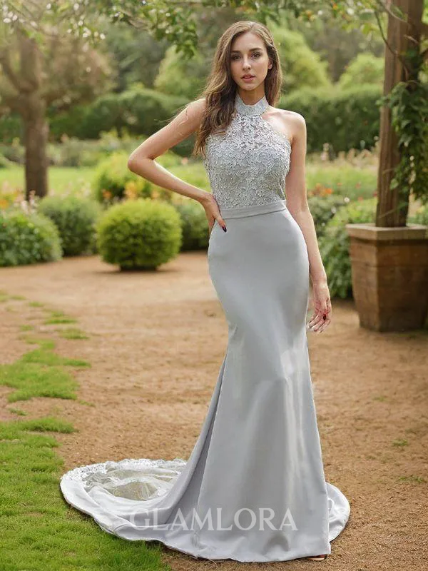 Sophisticated Sheath/Column Halter Sleeveless Sweep Train Stretch Crepe Bridesmaid Dresses