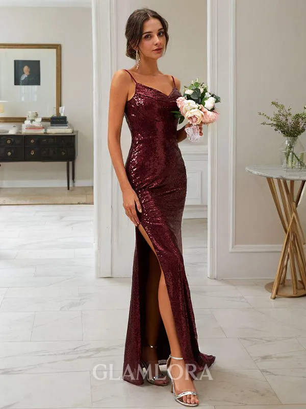 Sheath/Column Spaghetti Straps Sleeveless Floor-Length Sequins sparking Bridesmaid Dresses