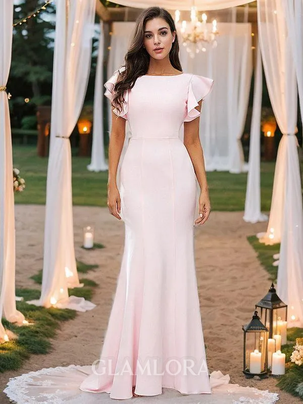 Sheath/Column Scoop Clingy Short Sleeves Sweep Train Stretch Crepe Bridesmaid Dresses