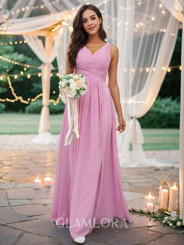 Simple A-line V-Neck Sleeveless Floor-Length Chiffon Bridesmaid Dresses