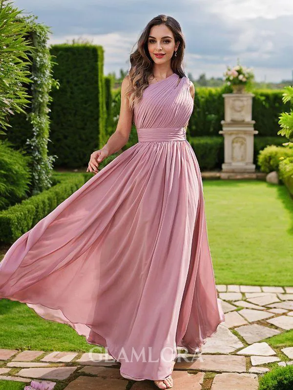 A-line One-Shoulder Pretty Sleeveless Floor-Length Chiffon Bridesmaid Dresses