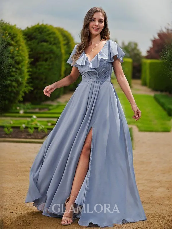 A-line V-Neck Chic Short Sleeves Floor-Length Chiffon Bridesmaid Dresses