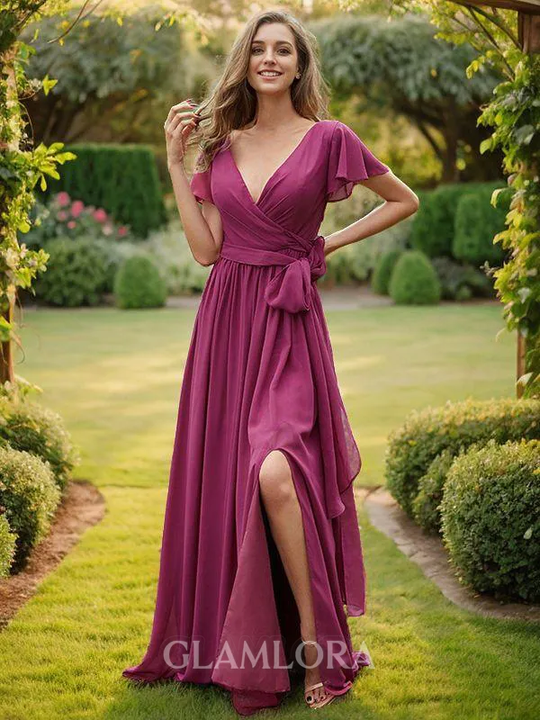 A-line V-Neck Short Sleeves Fashion Floor-Length Chiffon Bridesmaid Dresses