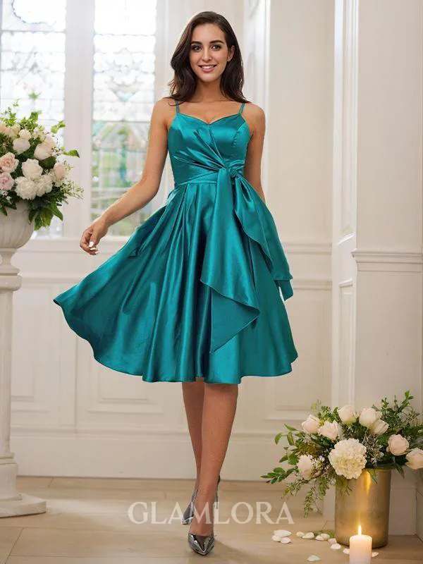 A-line Spaghetti Straps Sleeveless Knee-Length Elegant Silk like Satin Bridesmaid Dresses