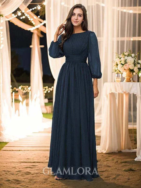 A-line Scoop Unique Long Sleeves Floor-Length 30D Chiffon Bridesmaid Dresses