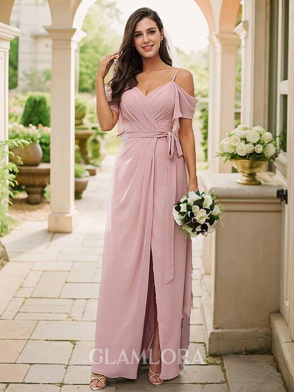 A-line V-Neck Dazzling Short Sleeves Floor-Length Chiffon Bridesmaid Dresses