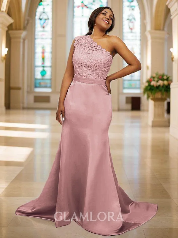 Sheath/Column One-Shoulder Sleeveless Sweep Train Charming Satin Bridesmaid Dresses
