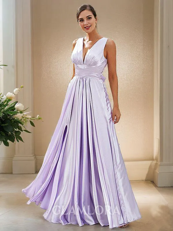 A-line V-Neck Timeless Sleeveless Floor-Length Silk like Satin Bridesmaid Dresses
