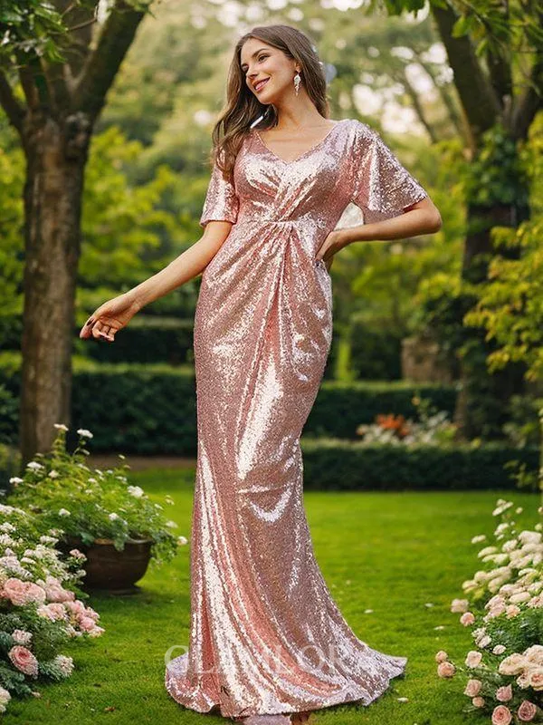 Sheath/Column V-Neck Short Sleeves Glimmering Sweep Train Sequins Bridesmaid Dresses