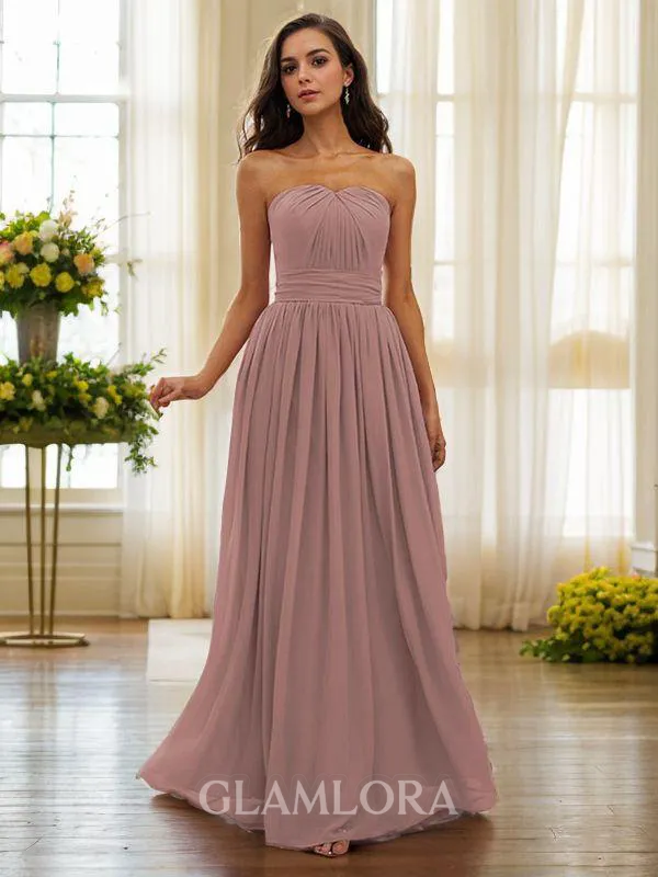 A-line Strapless Feminine Sleeveless Floor-Length Chiffon Bridesmaid Dresses
