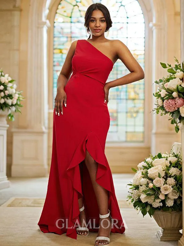 Chic Sheath/Column One-Shoulder Sleeveless Sweep Train Stretch Crepe Bridesmaid Dresses