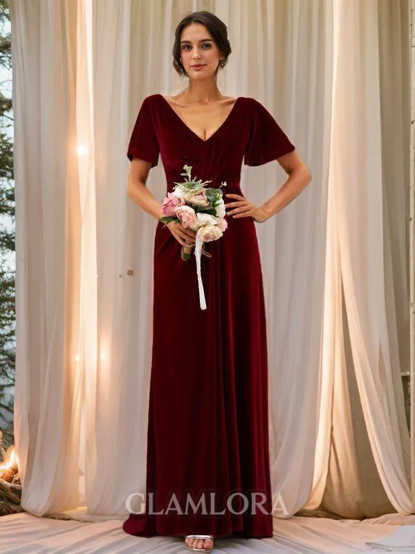 A-line V-Neck Gleaming Short Sleeves Sweep Train Velvet Bridesmaid Dresses