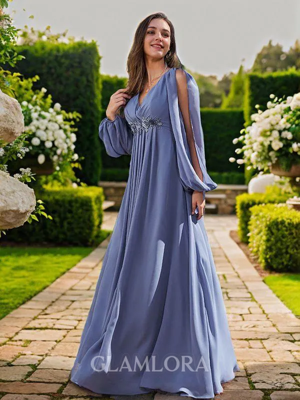 A-line V-Neck Timeless Long Sleeves Floor-Length Chiffon Bridesmaid Dresses