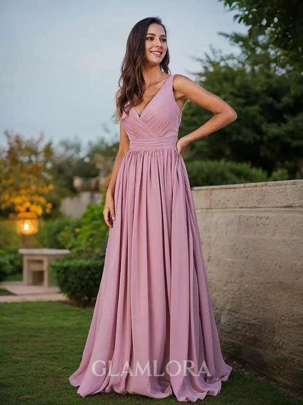 A-line V-Neck Unique Sleeveless Sweep Train Chiffon Bridesmaid Dresses