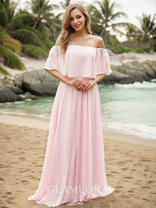 Dreamy A-line Off-the-Shoulder Short Sleeves Sweep Train Chiffon Bridesmaid Dresses
