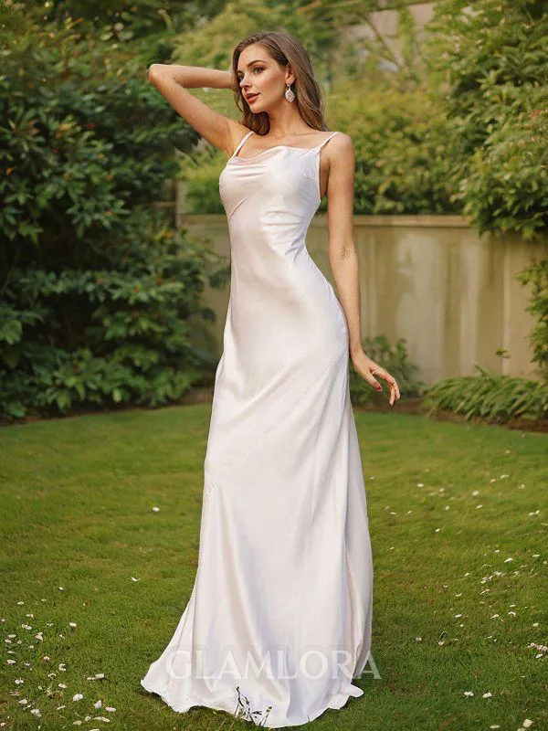 Timeless Sheath/Column Spaghetti Straps Sleeveless Sweep Train Silk like Satin Bridesmaid Dresses