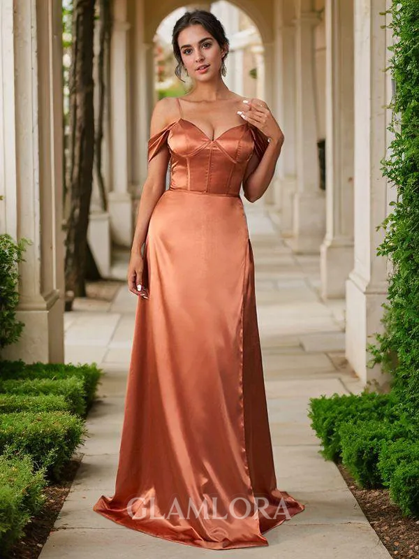 A-line Sweetheart Sleeveless Flattering Sweep Train Silk like Satin Bridesmaid Dresses