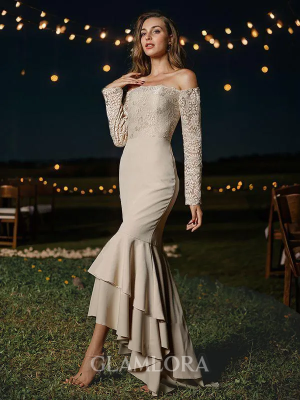 Trumpet/Mermaid Off-the-Shoulder Long Sleeves Asymmetrical Stretch Crepe Figure-hugging Bridesmaid Dresses