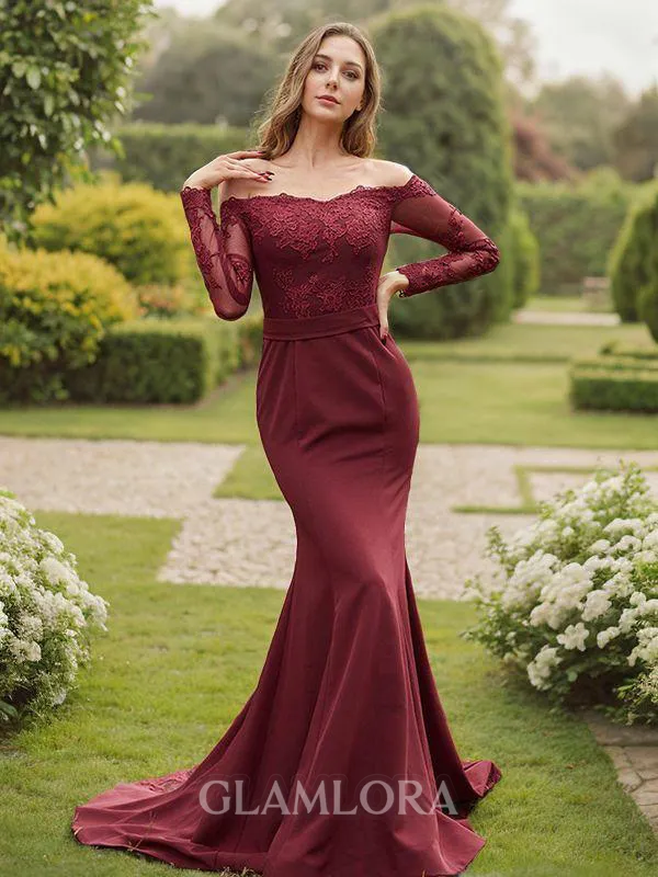 Sheath/Column Off-the-Shoulder Minimalist Long Sleeves Sweep Train Stretch Crepe Bridesmaid Dresses
