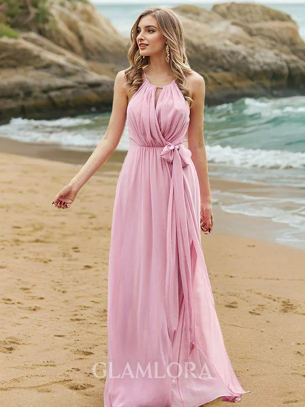 A-line Halter Sleeveless Sweep Train Chiffon Stunning Bridesmaid Dresses