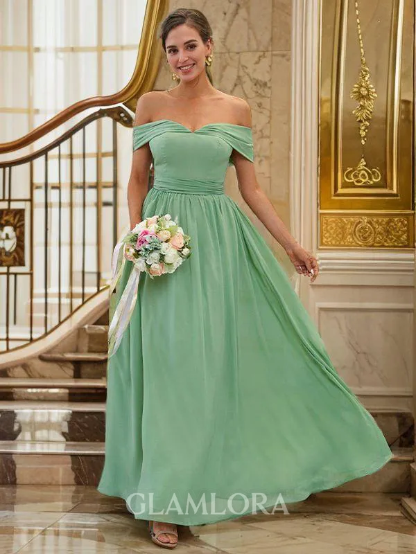 A-line Off-the-Shoulder Sleeveless Floor-Length Delicate Chiffon Bridesmaid Dresses