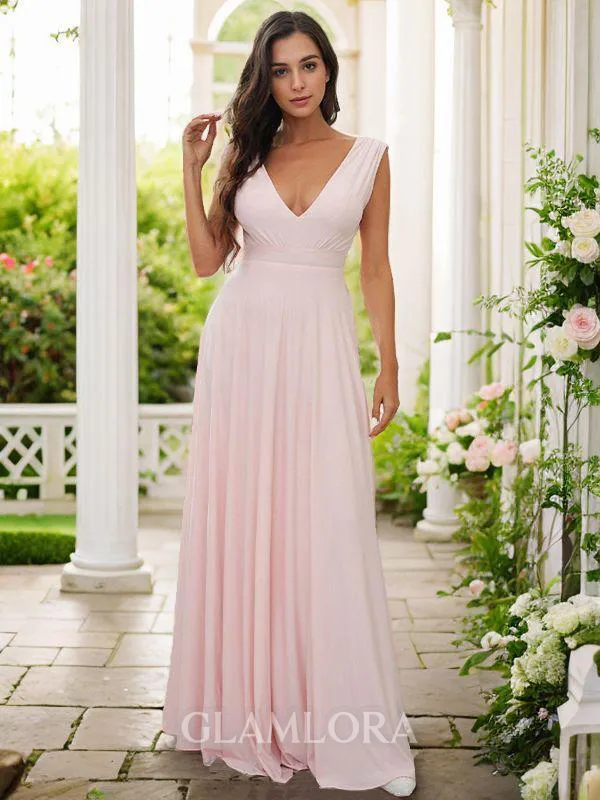 A-line V-Neck Sleeveless Chic Floor-Length Jersey Bridesmaid Dresses