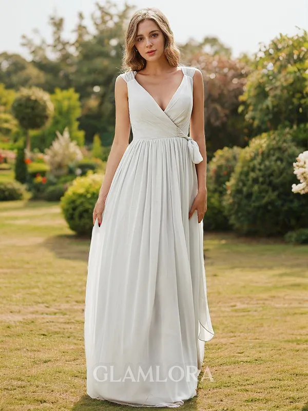 A-line V-Neck Sleeveless Floor-Length Chic Chiffon Bridesmaid Dresses