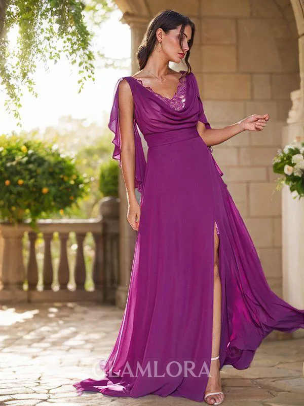 A-line V-Neck Fashion Sleeveless Sweep Train Chiffon Bridesmaid Dresses