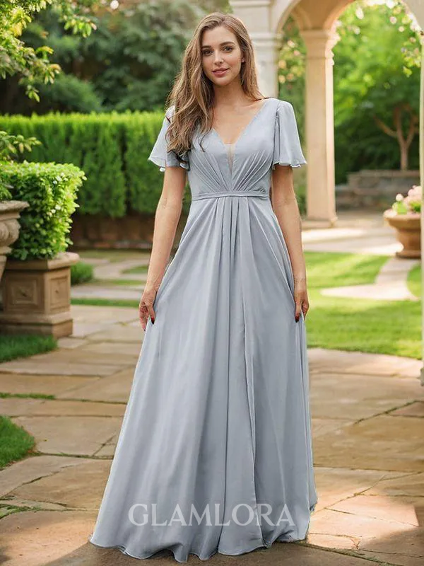 A-line Perfect V-Neck Short Sleeves Floor-Length Chiffon Bridesmaid Dresses