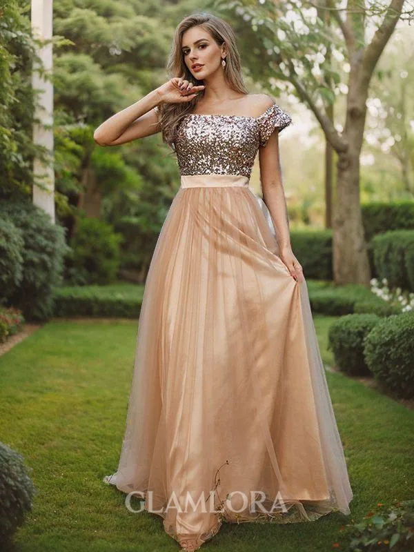 A-line Off-the-Shoulder Sleeveless Floor-Length Exquisite Tulle Bridesmaid Dresses