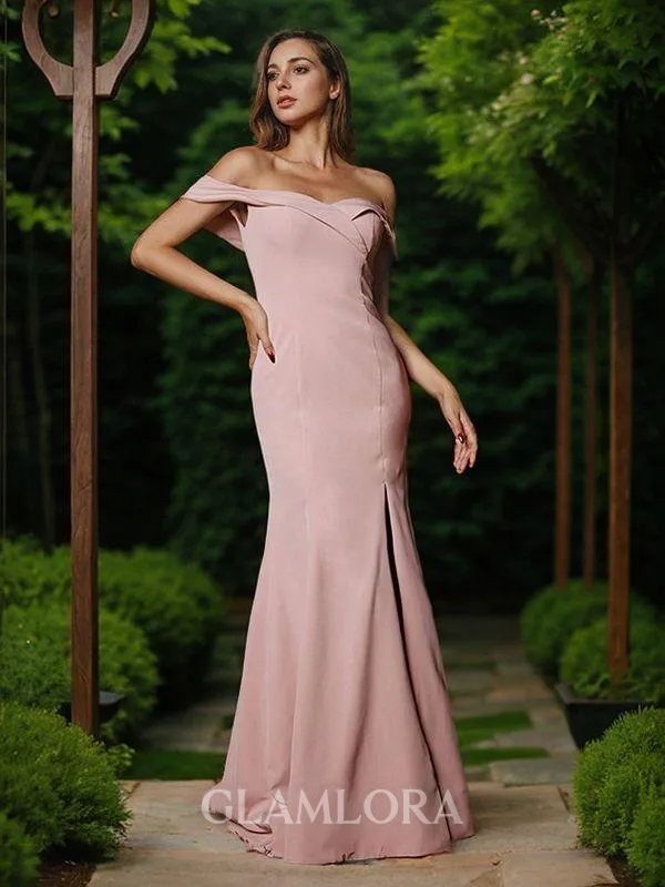 Sheath/Column Off-the-Shoulder Sleeveless Sweep Train Stretch Crepe Clean-lined Bridesmaid Dresses